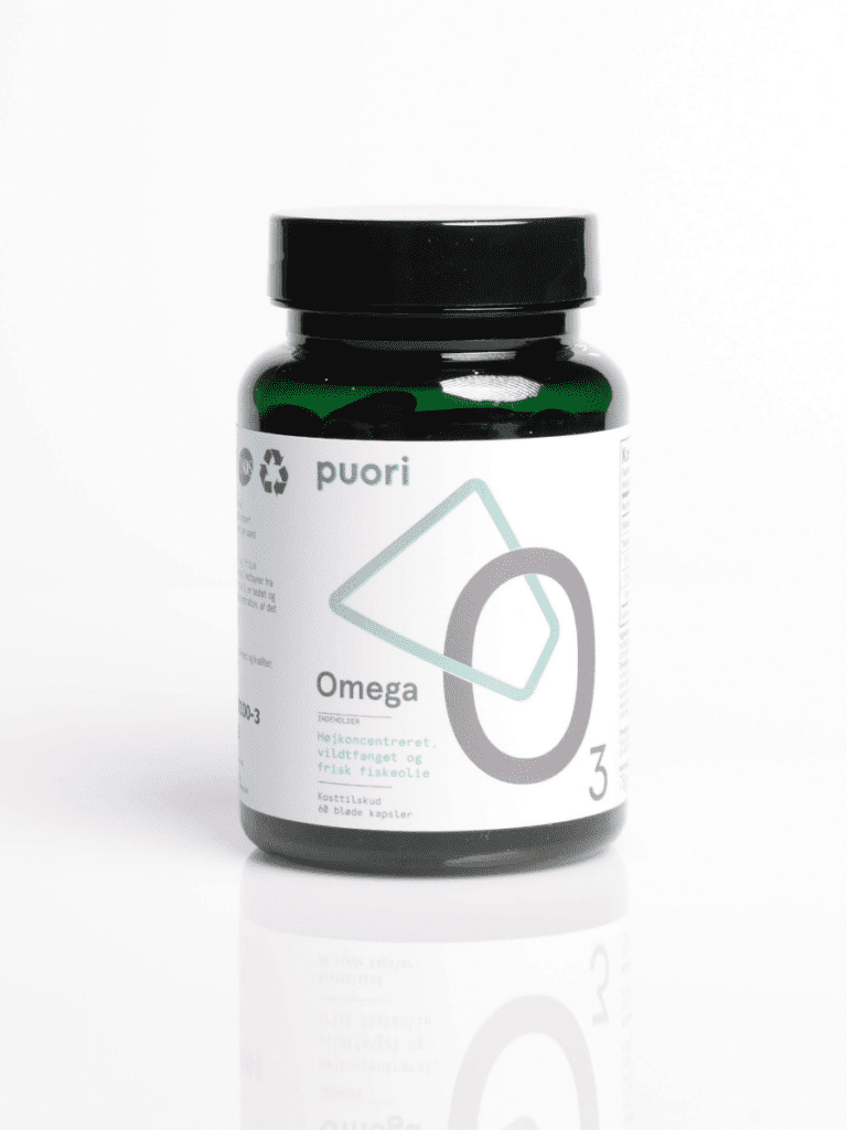 Puori Omega-3 fiskeolie kosttilskud i grøn glasbeholder med hvid etiket og sort låg