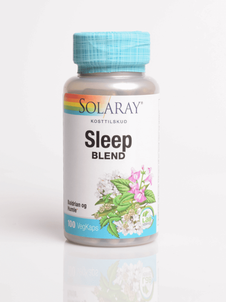 Solaray Sleep Blend kosttilskudsflaske med blåt låg, blomsterillustration og 100 vegkapsler