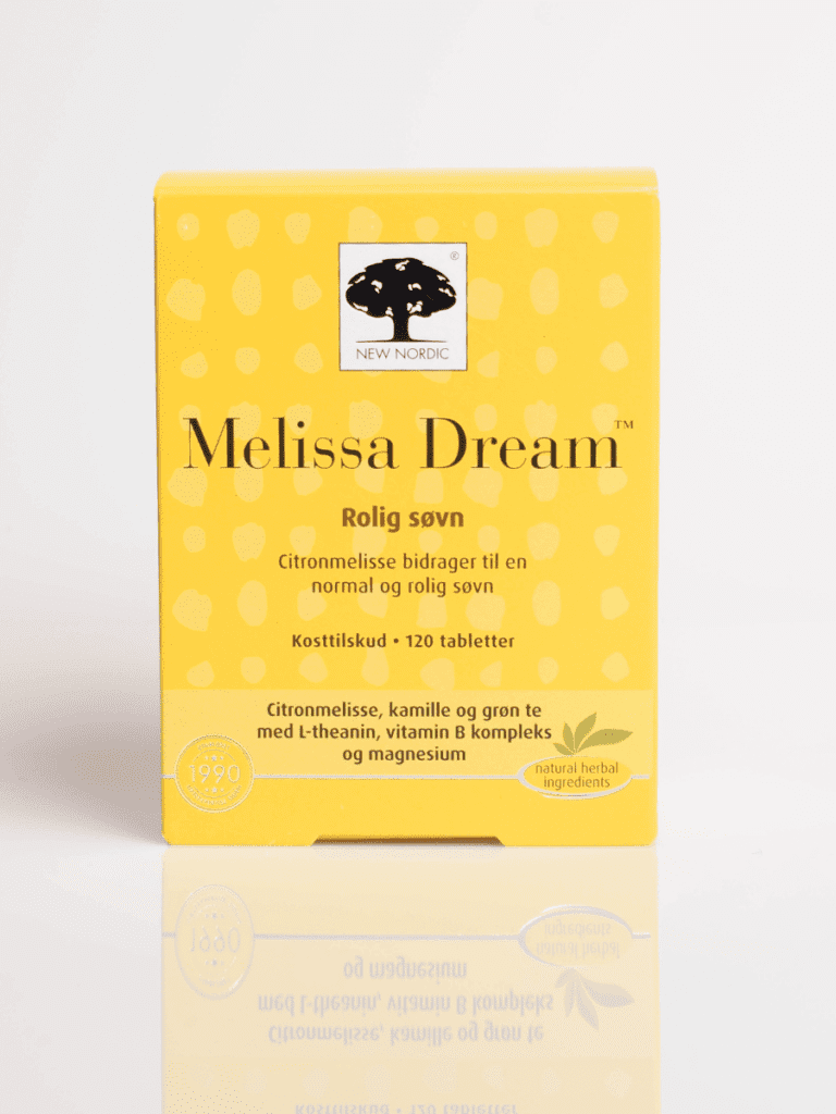 Gul New Nordic Melissa Dream æske med Rolig søvn kosttilskud, citronmelisse og kamille, 120 tabletter