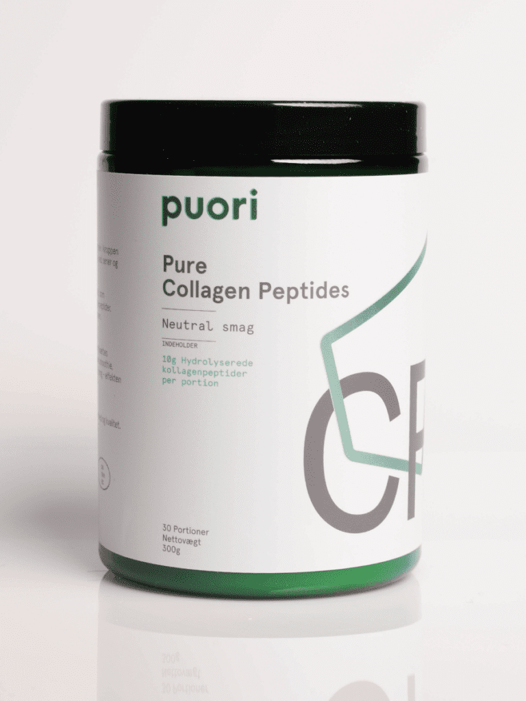Puori Pure Collagen Peptides kosttilskud i hvid og grøn bøtte, neutral smag