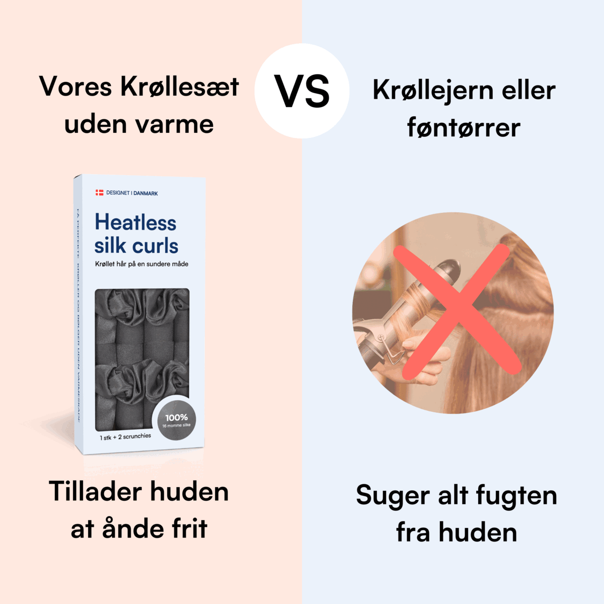 Heatless silk curls krøllesæt i æske mod krøllejern med rødt kryds, skånsom varmefri styling