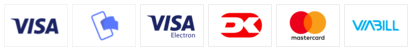 Logoer for betalingskort og -udbydere: Visa, Visa Electron, Dankort, Mastercard og Viabill
