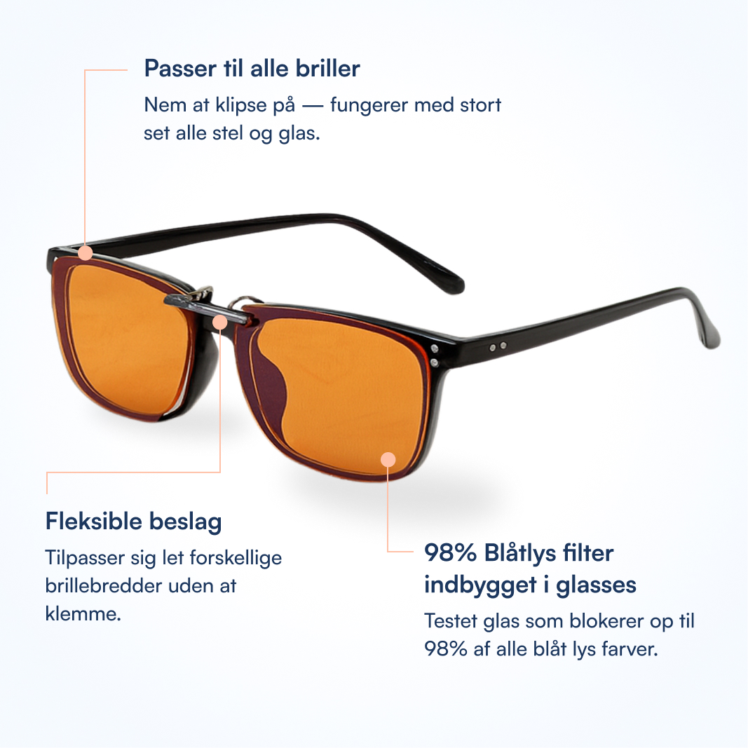 Orange clip-on blåtlysfiltre monteret på sorte brillestel med fleksible beslag, blokerer op til 98% blålys
