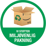 Grøn rund badge med åben papkasse, genbrugssymbol og teksten Vi støtter miljøvenlig pakning