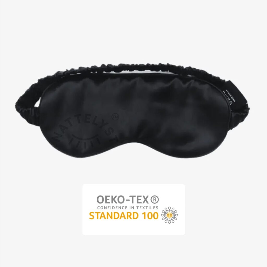 Sort silke sovemaske med blødt elastikbånd og OEKO-TEX Standard 100 certificering