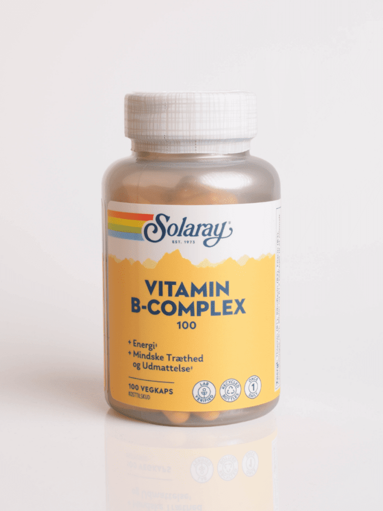 Solaray Vitamin B-Complex 100 flaske med gul etiket og 100 vegkapsler, kosttilskud mod træthed og til energi