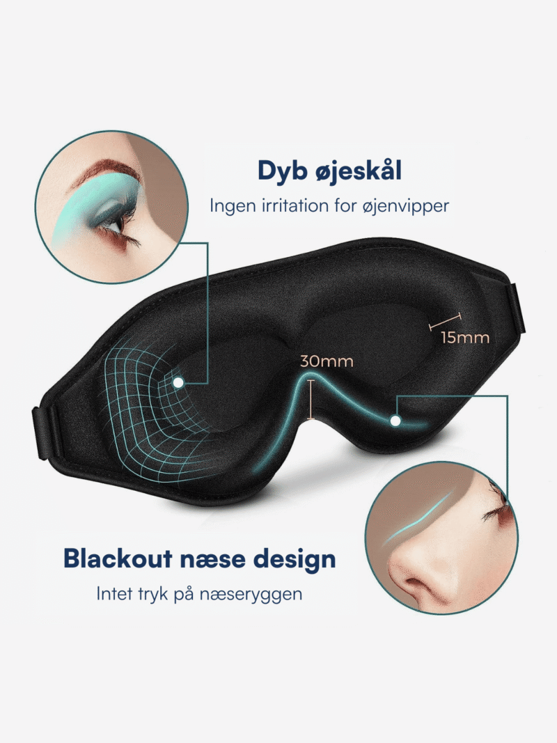 Sort formet sovemaske med dybe øjefordybninger, 30mm afstand, blackout næsedesign uden tryk og skåner øjenvipper