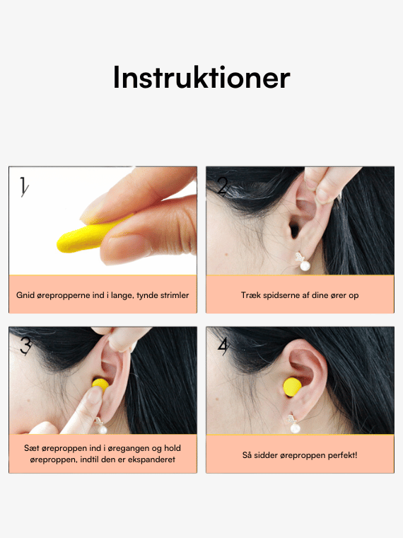 Instruktioner til ørepropper: rul skumøreprop, træk øreflip op, indsæt i øregang, hold til den udvider og sidder korrekt