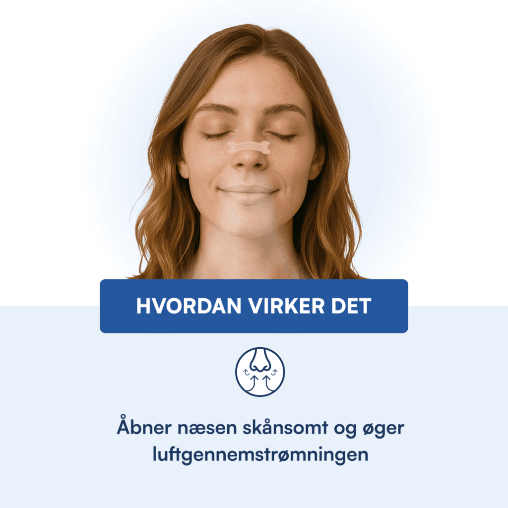 Kvinde med næsestrip på næseryggen, viser hvordan strip skånsomt åbner næsen og øger luftgennemstrømningen