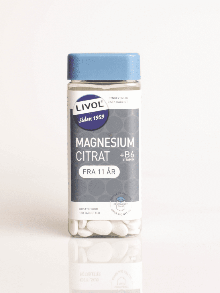 Livol Magnesium Citrat +B6 i klar flaske med blåt låg, hvide tabletter, kosttilskud fra 11 år