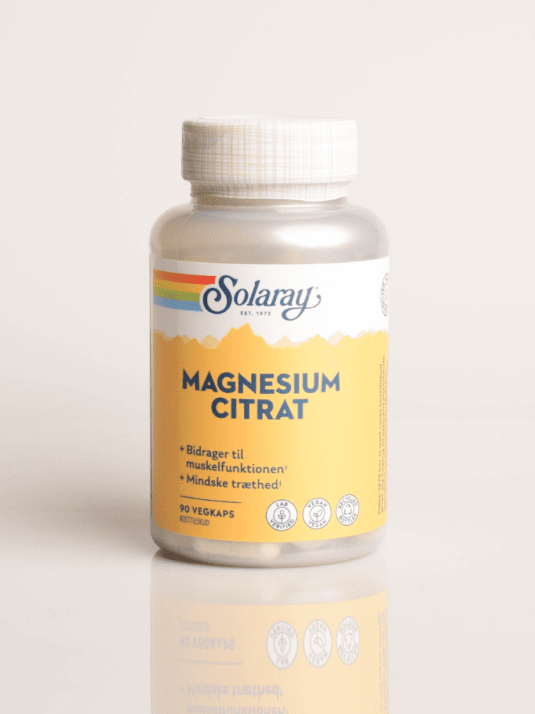 Solaray Magnesium Citrat kosttilskud i plastflaske med gul etiket, 90 vegkapsler