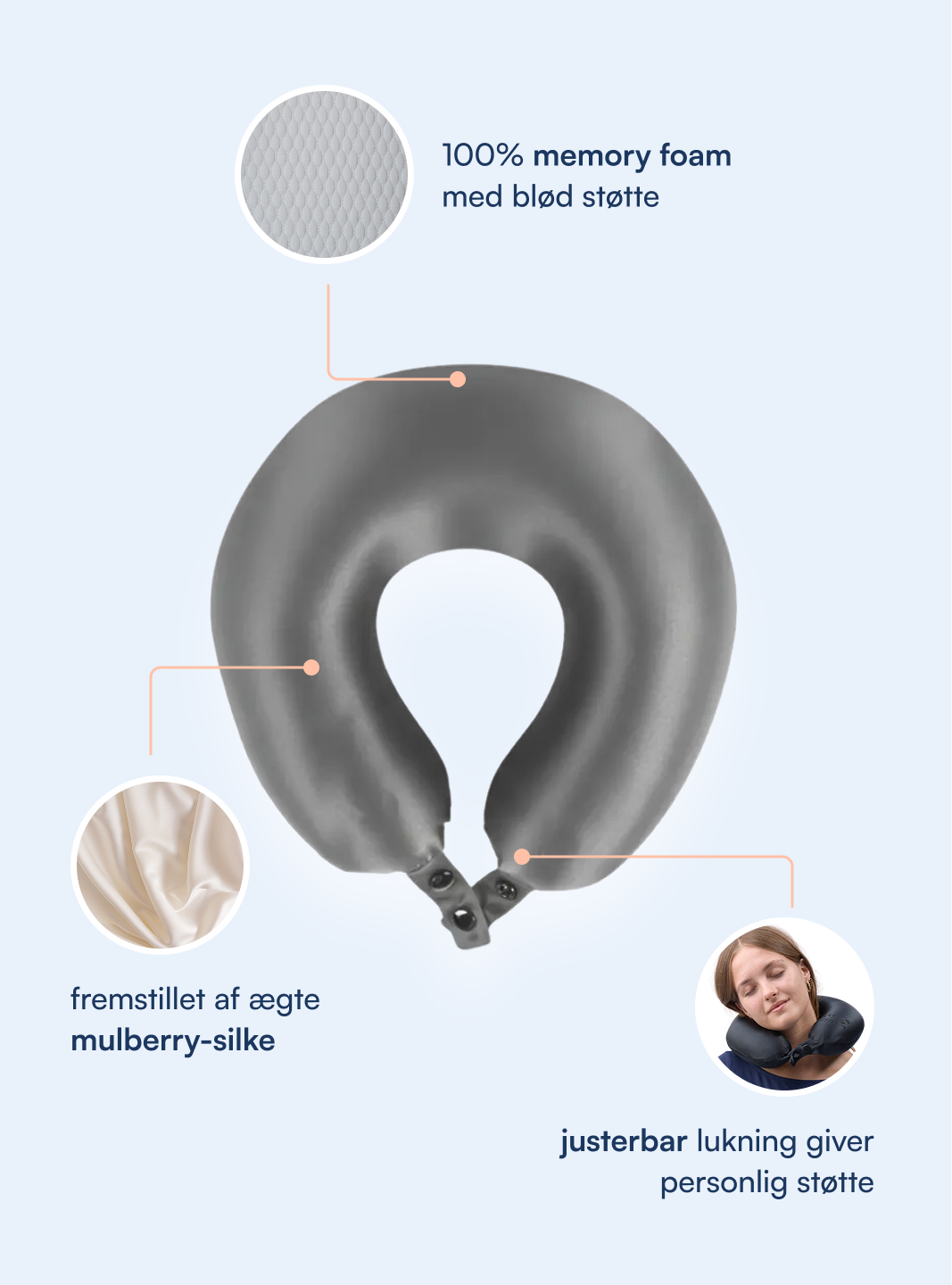 Sort U-formet rejse-nakkepude i memory foam med mulberry-silke betræk og justerbar lukning