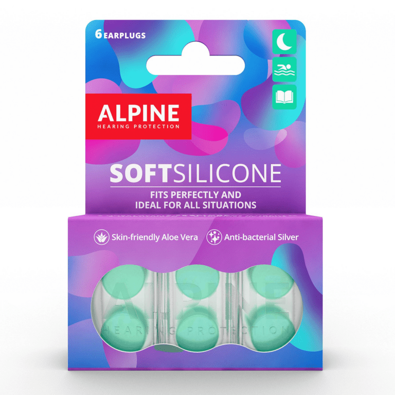Alpine Soft Silicone &oslash;repropper i opbevaringsetui, bl&oslash;d aloe vera-silikone, antibakteriel, 6 stk.