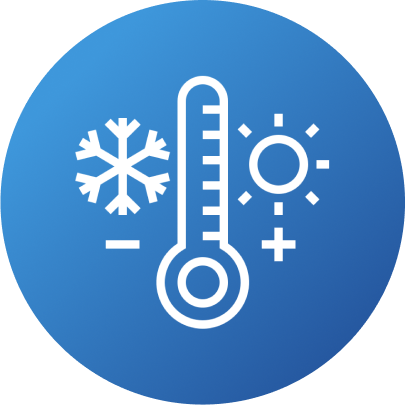 Blåt ikon med termometer, snefnug og sol, symboliserer temperaturkontrol og varme/kulde