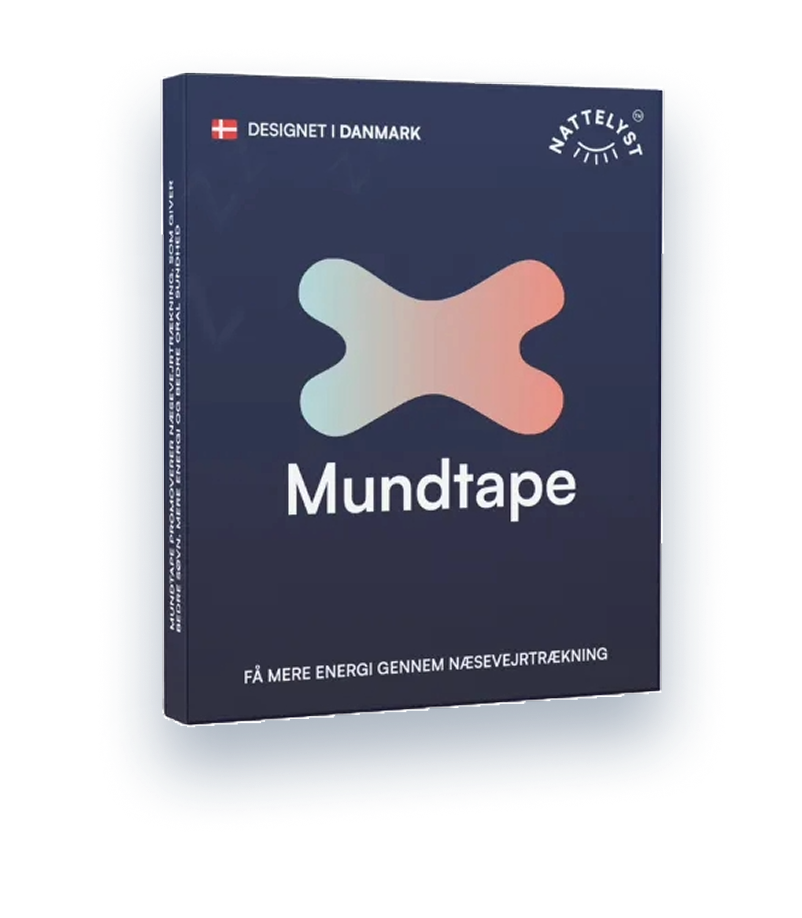 Blå produktæske med pastelformet X-logo og teksten Mundtape, designet i Danmark