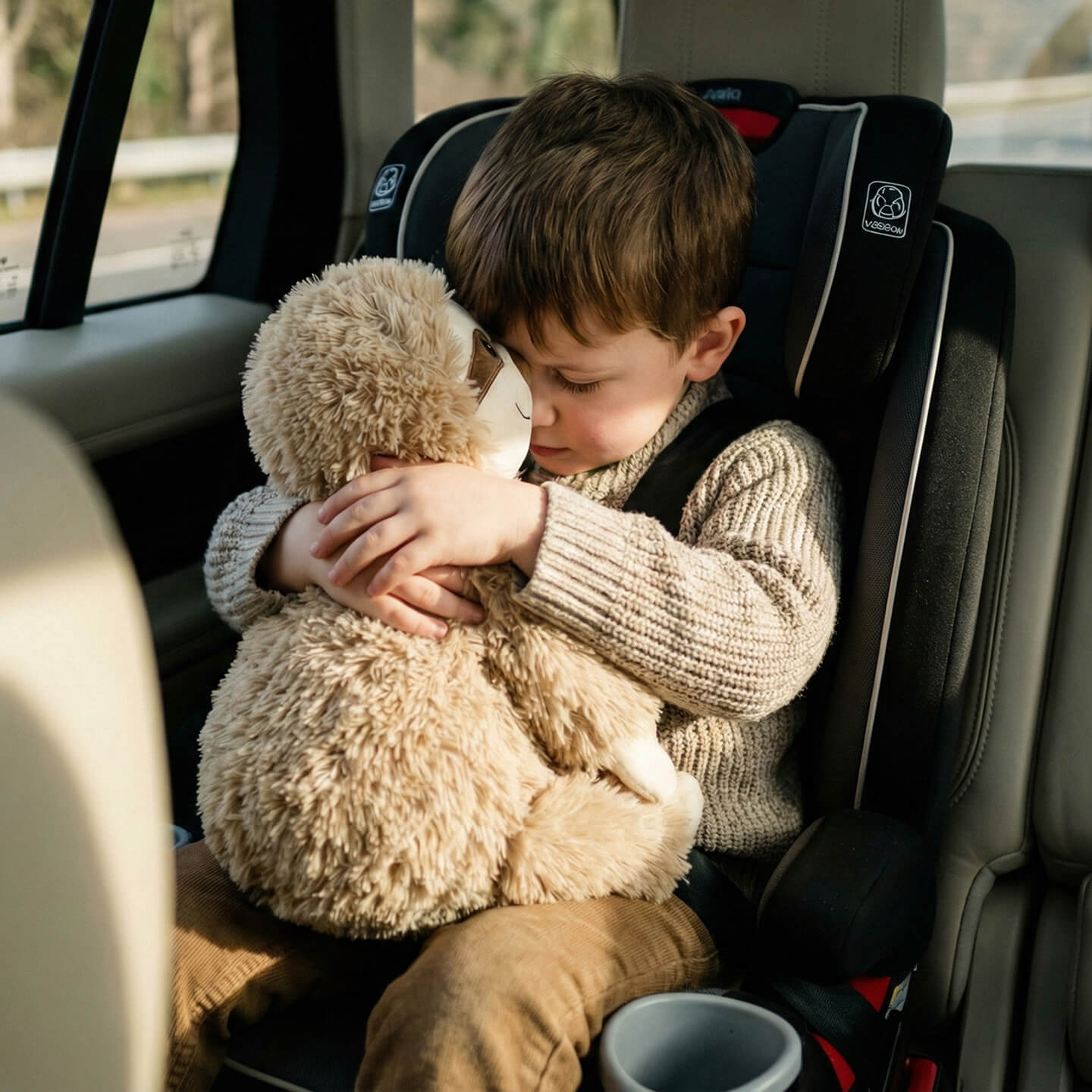 Lille dreng i autostol krammer en stor, blød beige bamse
