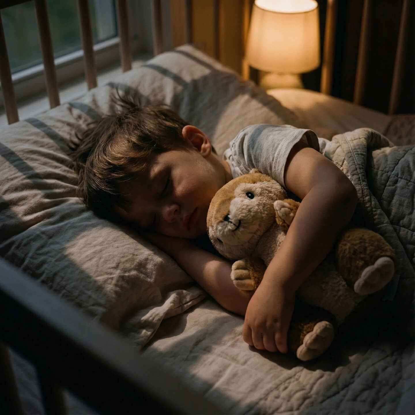 Sovende barn krammer blød odder-bamse i seng ved natlampe