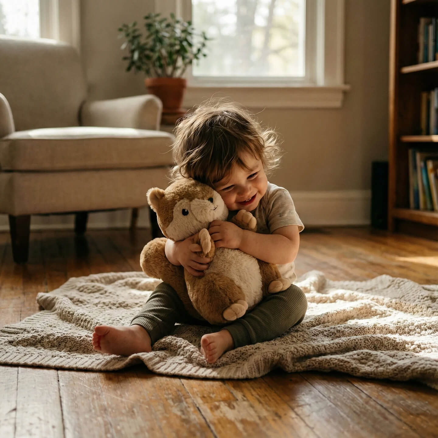 Smilende lille barn sidder på tæppe og krammer en blød odderbamse i solbeskinnet stue