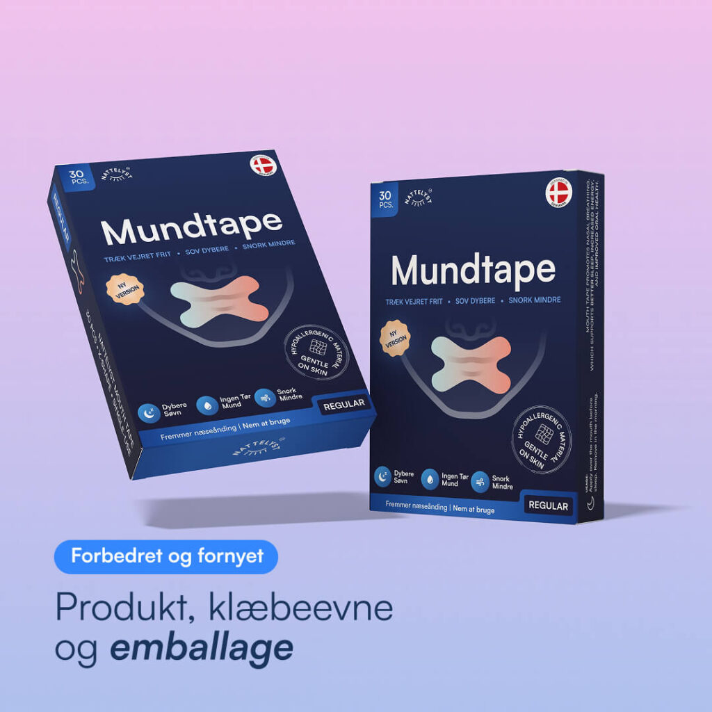 To mørkeblå Mundtape-æsker med illustration af mundtape, 30 stk regular, forbedret emballage
