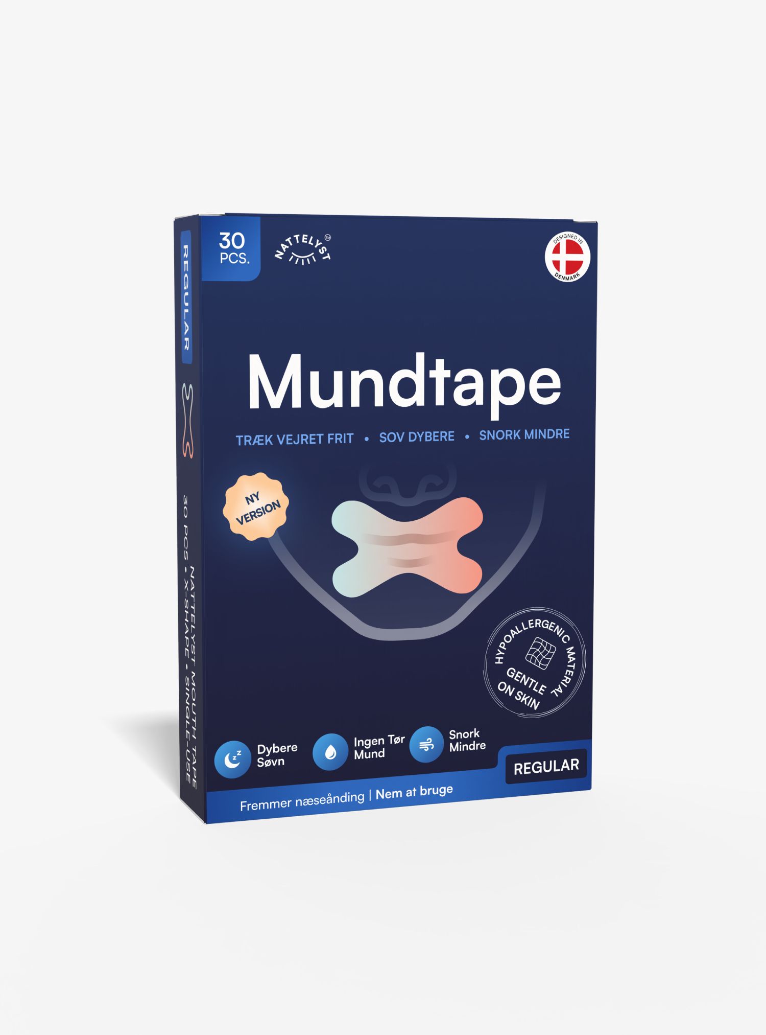 Blå æske med Mundtape 30 stk, illustration af krydsformet tape, fremmer næseånding og mindre snorken