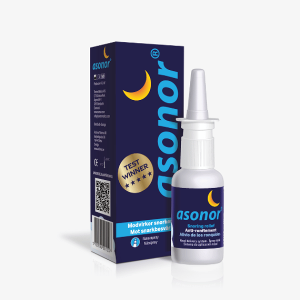 Asonor næsespray mod snorken med mørkeblå æske, gul måne og testvinder-mærkat