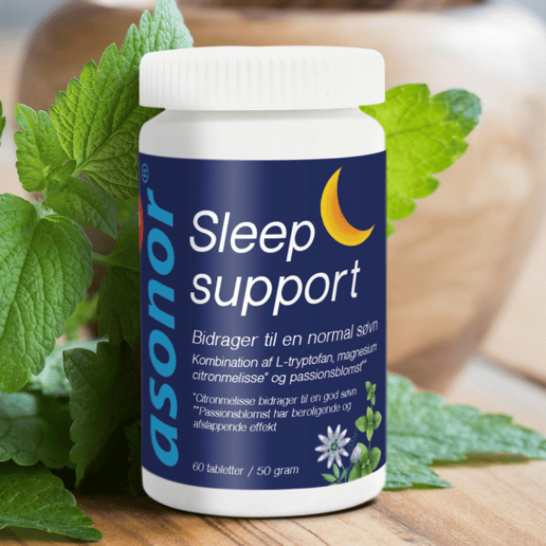 Asonor Sleep Support kosttilskudflaske med citronmelisseblade og passionblomst til bedre søvn